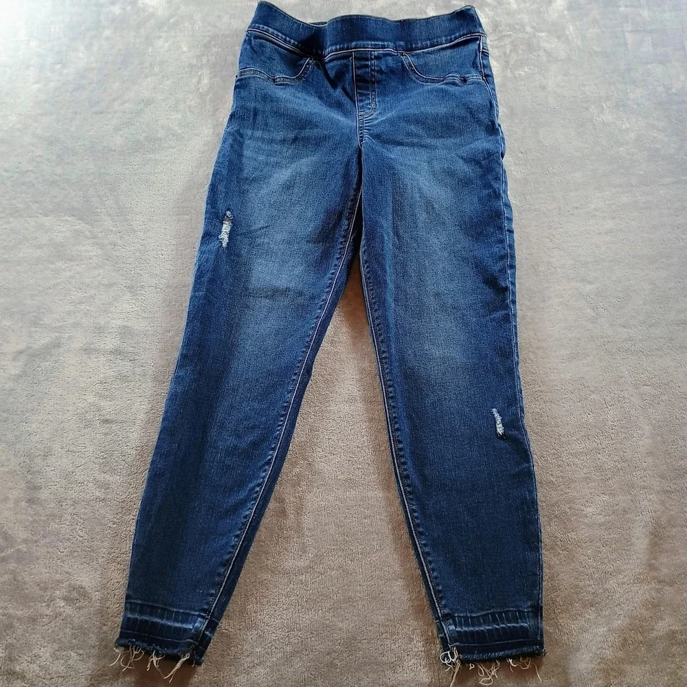 Spanx Jeans Womens Petites Medium Blue Distressed Jegging Elastic Waist Shaping‎